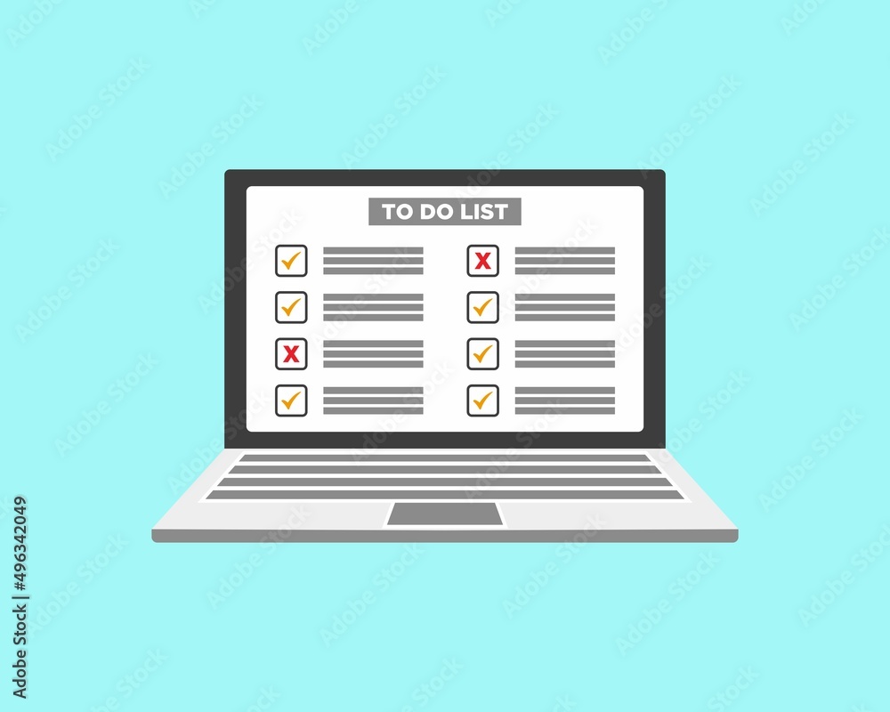 Computer and do to list vector illustration, flat cartoon pc monitor with long paper document and to do list with checkboxes Computer and do to list vector illustration, flat cartoon pc monitor with long paper document and to do list with checkboxes