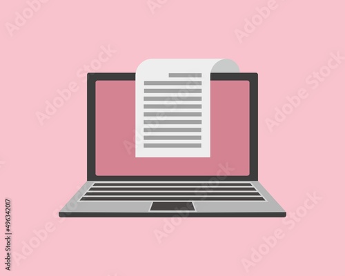 paper sheet and electronic text file writer, copywriter writing letter or journal via laptop computer, flat vector illustration
