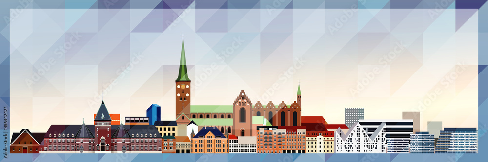 Aarhus skyline vector colorful poster on beautiful triangular texture background