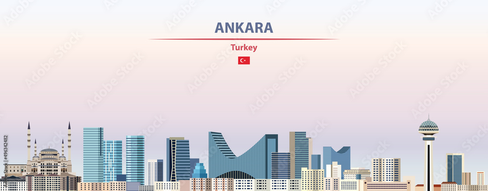 Obraz premium Ankara cityscape on sunset sky background vector illustration with country and city name and with flag of Turkey