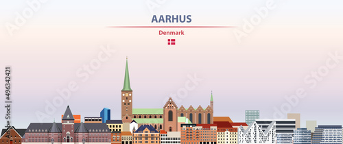 Aarhus cityscape on sunset sky background vector illustration with country and city name and with flag of Denmark