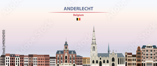 Anderlecht cityscape on sunset sky background vector illustration with country and city name and with flag of Belgium
