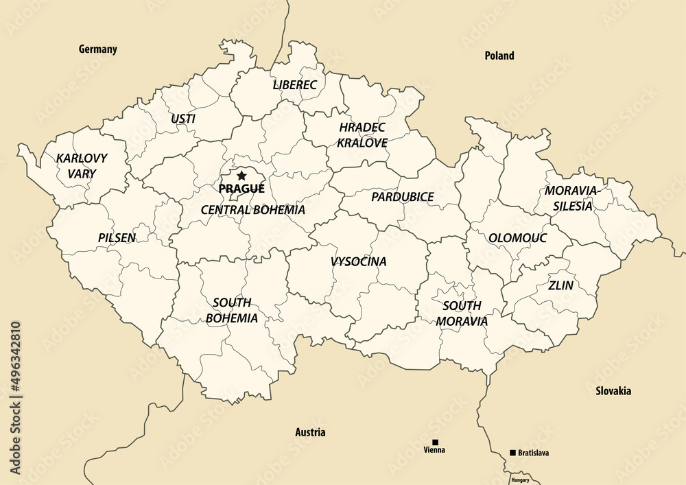 Czech Republic regions vector map with neighbouring countries and territories