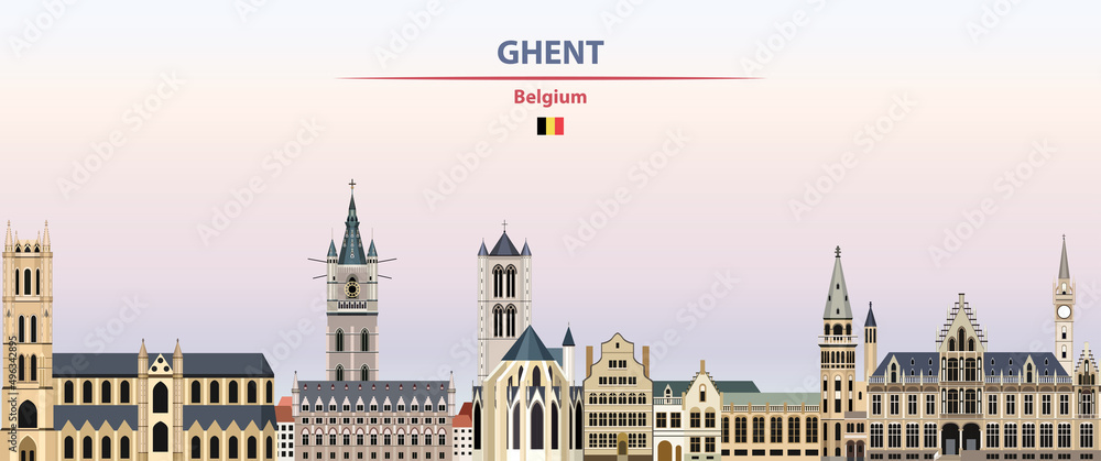 Ghent cityscape on sunset sky background vector illustration with country and city name and with flag of Belgium