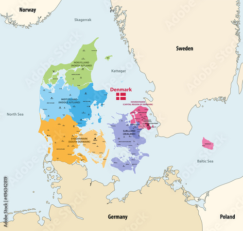 Denmark regions vector map with main cities and with neighbouring countries and territories