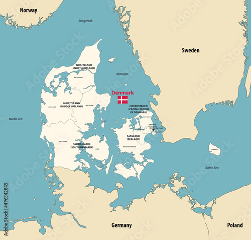 Denmark regions vector map with main cities and with neighbouring countries and territories photo