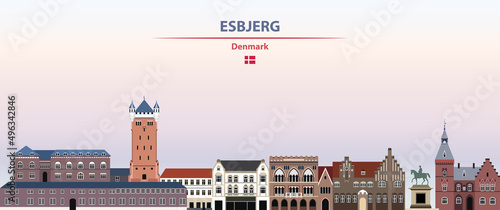 Esbjerg cityscape on sunset sky background vector illustration with country and city name and with flag of Denmark photo