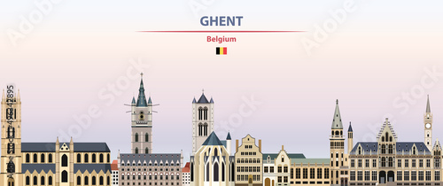 Ghent cityscape on sunset sky background vector illustration with country and city name and with flag of Belgium