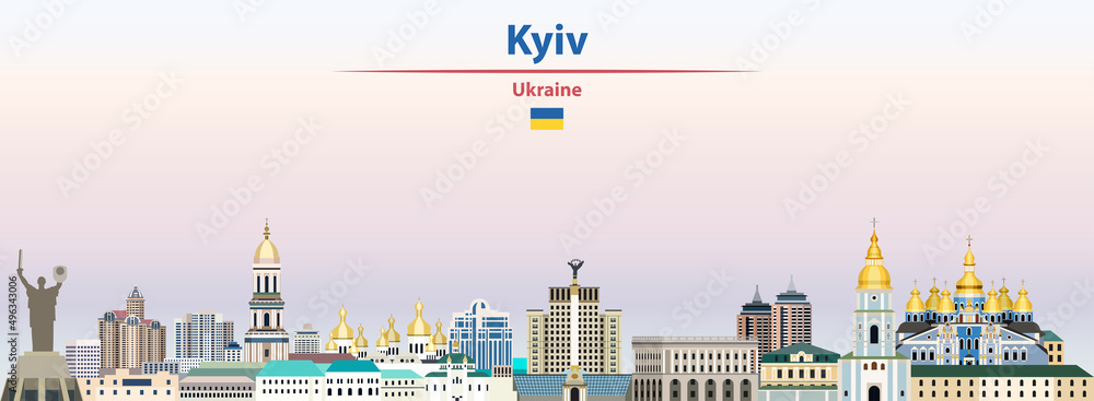Kyiv cityscape on sunset sky background vector illustration with country and city name and with flag of Ukraine