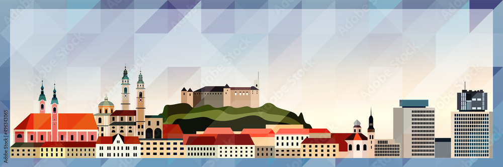 Ljubljana skyline vector colorful poster on beautiful triangular texture background