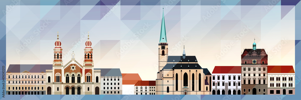 Plzen skyline vector colorful poster on beautiful triangular texture background