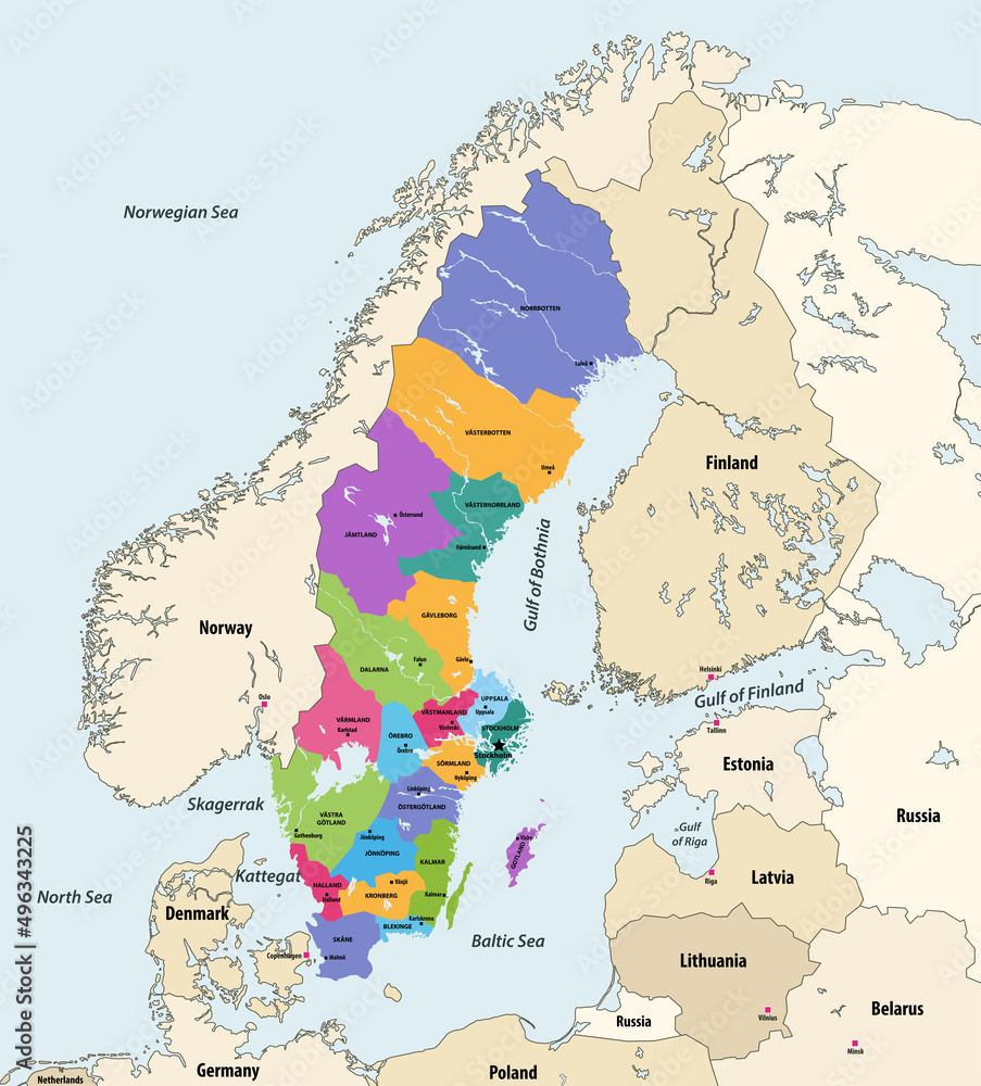 Counties of Sweden veector map with neighbouring countries and territories