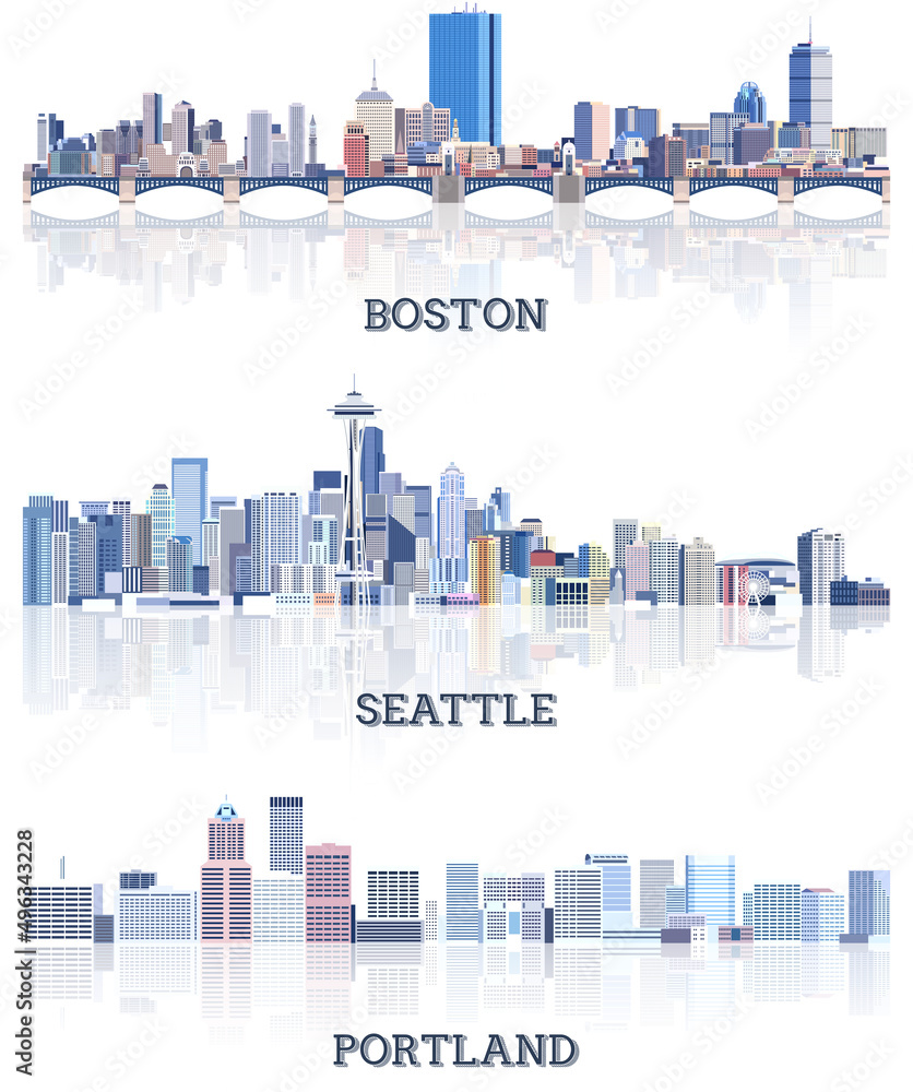 vector collection of United States cityscapes: Boston, Seattle, Portland skylines in tints of blue color palette. Crystal aesthetics style