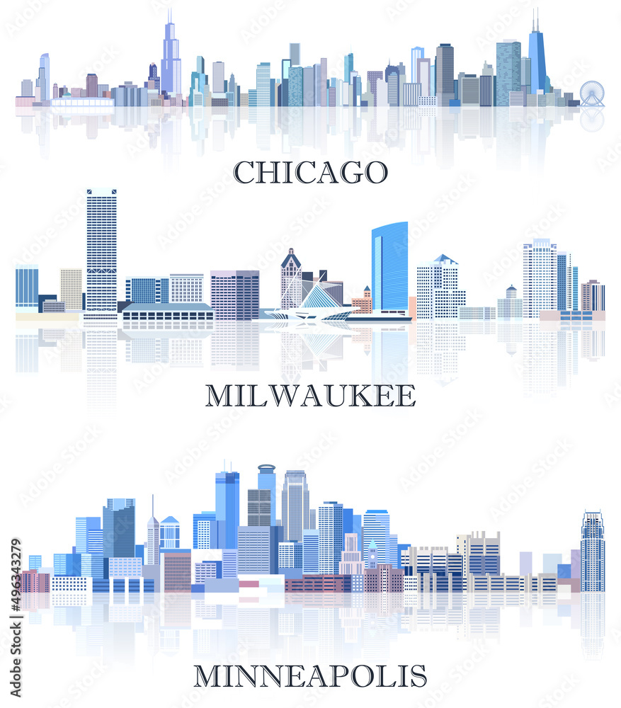 vector collection of United States cityscapes: Chicago, Milwaukee, Minneapolis skylines in tints of blue color palette. Crystal aesthetics style