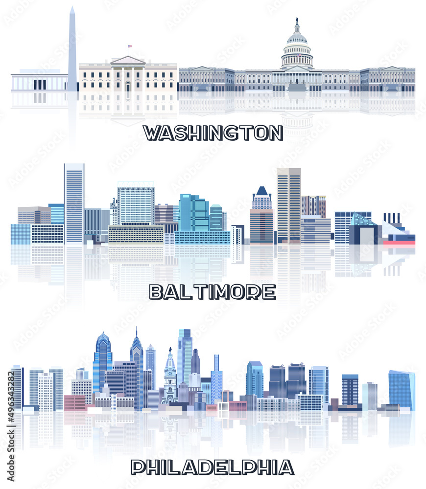 vector collection of United States cityscapes: Washington, Baltimore, Philadelphia skylines in tints of blue color palette. Crystal aesthetics style