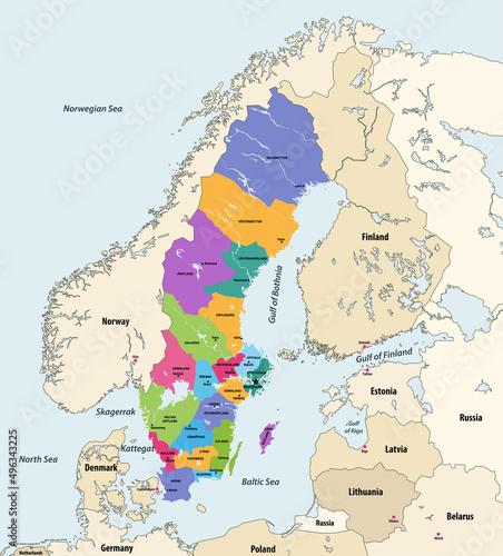 Counties of Sweden veector map with neighbouring countries and territories