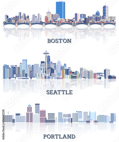 vector collection of United States cityscapes: Boston, Seattle, Portland skylines in tints of blue color palette. Crystal aesthetics style