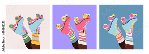 Set of roller skates on woman legs with long socks. Girls wearing roller skates. Hand-drawn trendy illustration of legs and rollerblades. Female legs. Pastel colour web banner design. Modern poster.