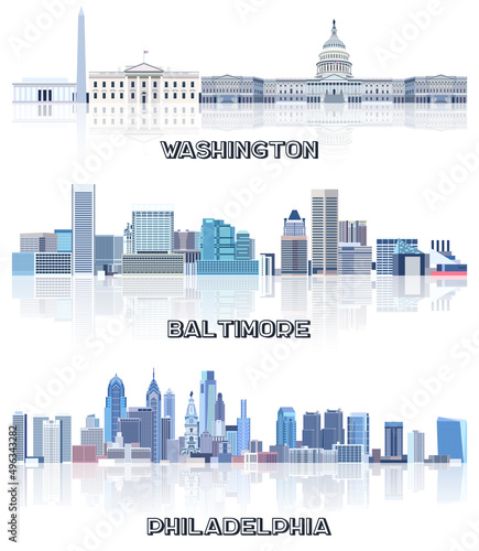 vector collection of United States cityscapes  Washington  Baltimore  Philadelphia skylines in tints of blue color palette. Crystal aesthetics style