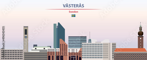 Vasteras cityscape on sunset sky background vector illustration with country and city name and with flag of Sweden
