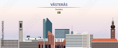Foto Vasteras cityscape on sunset sky background vector illustration with country and