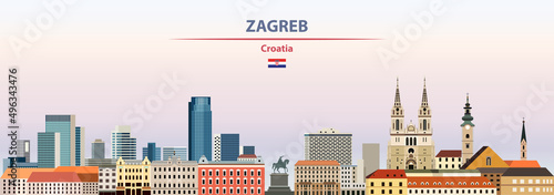 Zagreb cityscape on sunset sky background vector illustration with country and city name and with flag of Croatia