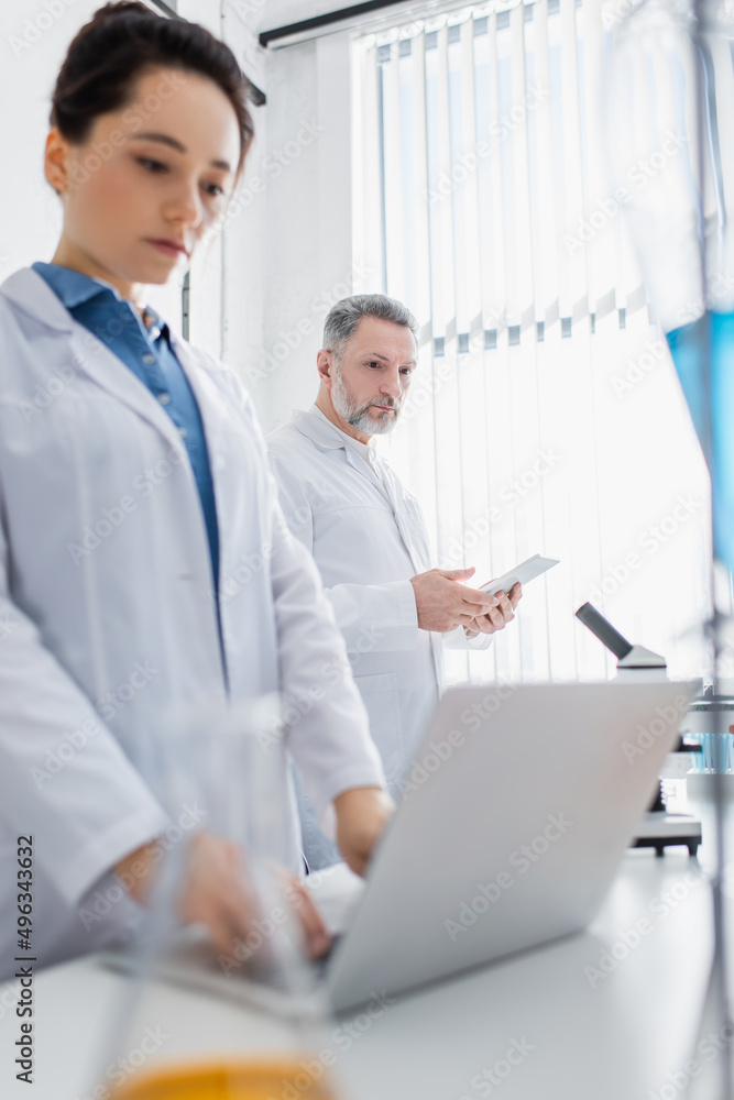 Fototapeta premium young scientist using laptop near mature colleague with digital tablet on blurred foreground.