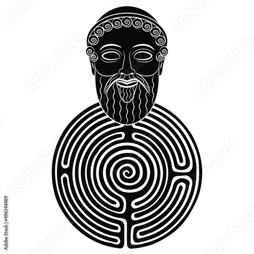 Round spiral maze or labyrinth symbol with head of a bearded ancient Greek god or man. Creative concept. Daedalus or Theseus. Black and white silhouette.