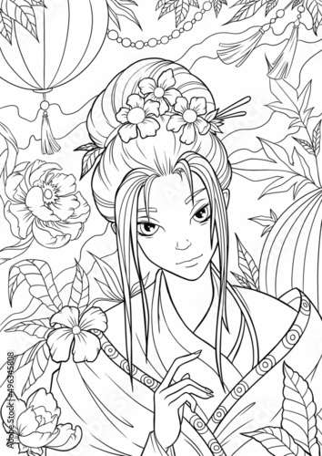 Young beautiful girl with long hair in the garden. Flowers. Outline hand drawing coloring page for adult coloring book. Stock line vector illustration. Outline drawing.