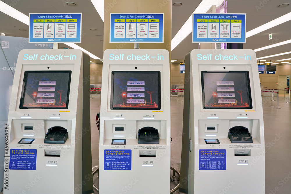BUSAN, SOUTH KOREA - CIRCA MAY, 2017: self check-in kiosks at Gimhae ...
