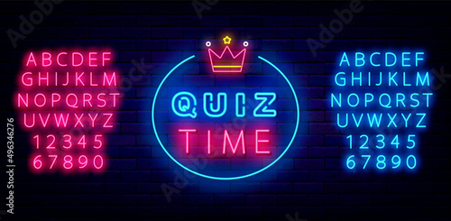 Quiz time neon sign. Blue and pink alphabet. Play game concept with crown. Blue circle frame. Vector illustration