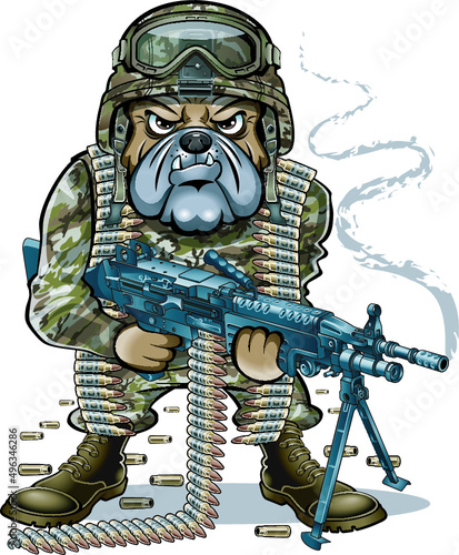 bull dog wearing military helmet and uniform holding light machine gun photo