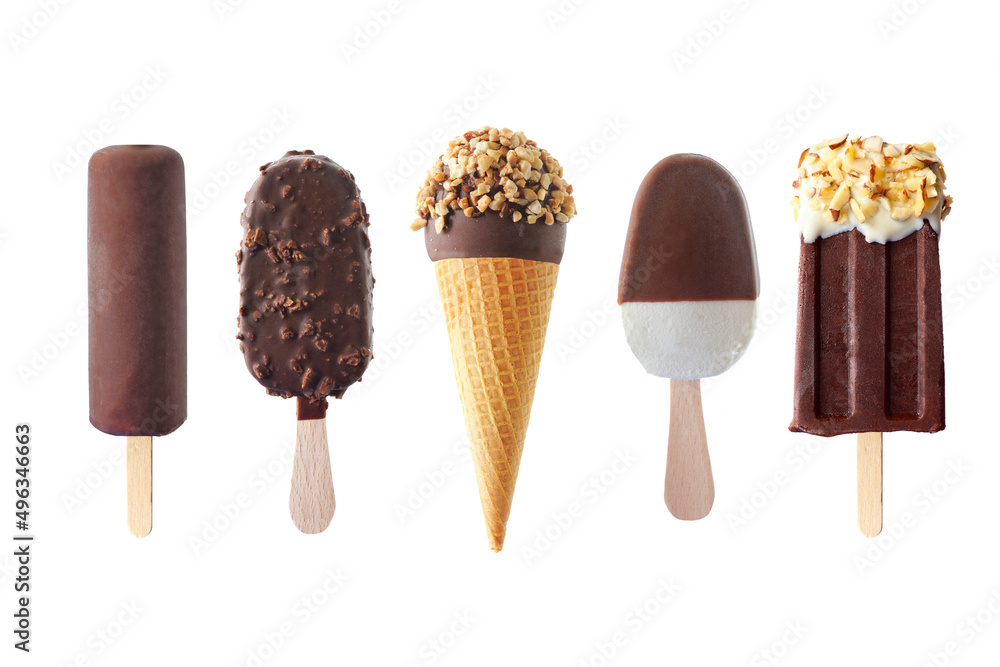 Set of unique summer chocolate popsicle and ice cream treats isolated on a white background
