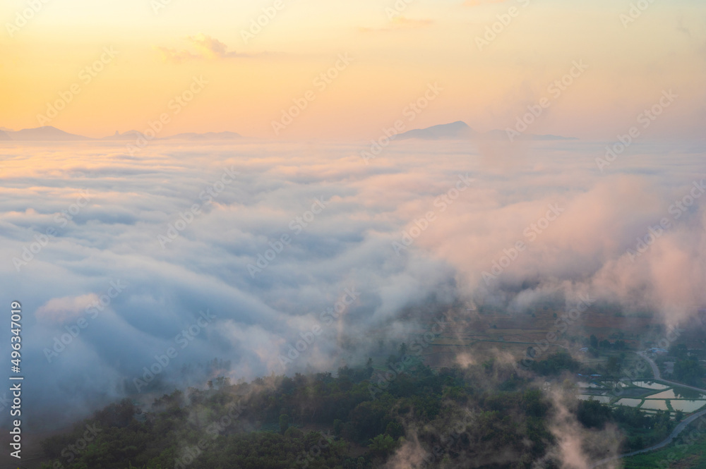 Landscape view on mountain with misty in morning at view point of Phu Thok hill at Chiang Khan Loei province, Thailand