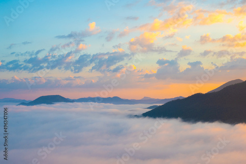 Landscape view on mountain with misty in morning at view point of Phu Thok hill at Chiang Khan Loei province, Thailand © serra715