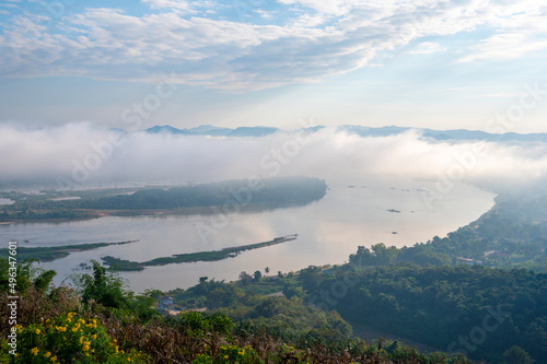 Lanscape riverside of Mae Khong river and mountain views border of Thailand and Laos at Pak Chom District in Loei province, Thailand.