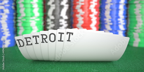 A hand of playing cards with Detroit text. 3d rendering