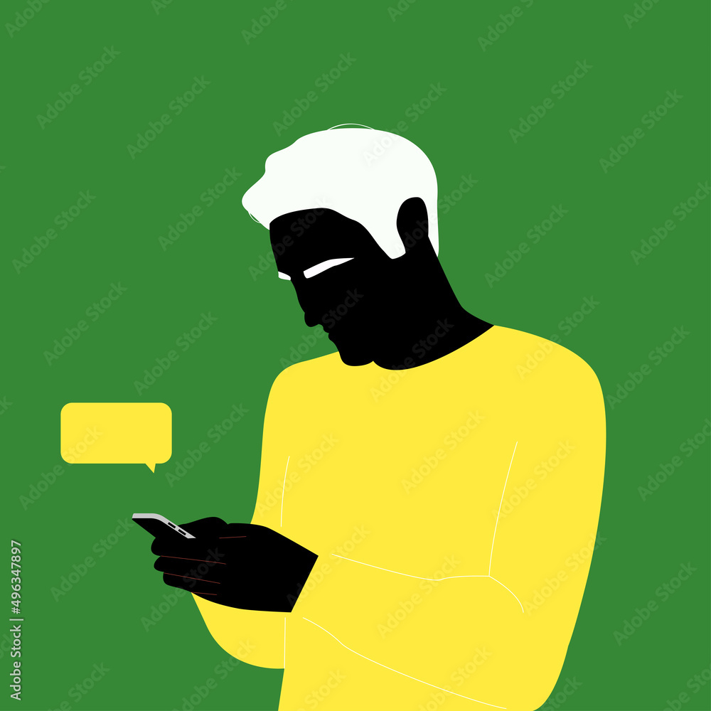 modern man communicates on the phone. Internet messages. Connection of people. Abstract silhouette of a man with black skin and white short hair on a green background. Vector illustration