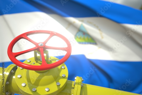 Waving flag of Nicaragua and the gas or oil pipeline valve. Conceptual 3d rendering