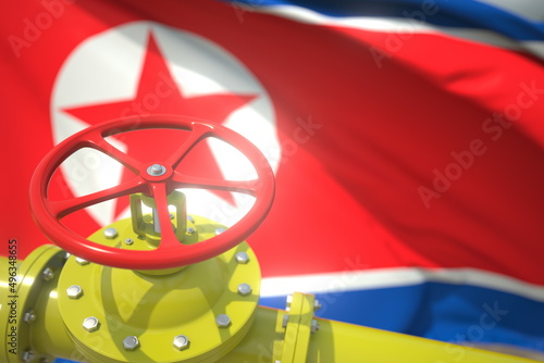 Oil or gas pipeline valve and flag of North Korea. 3d rendering