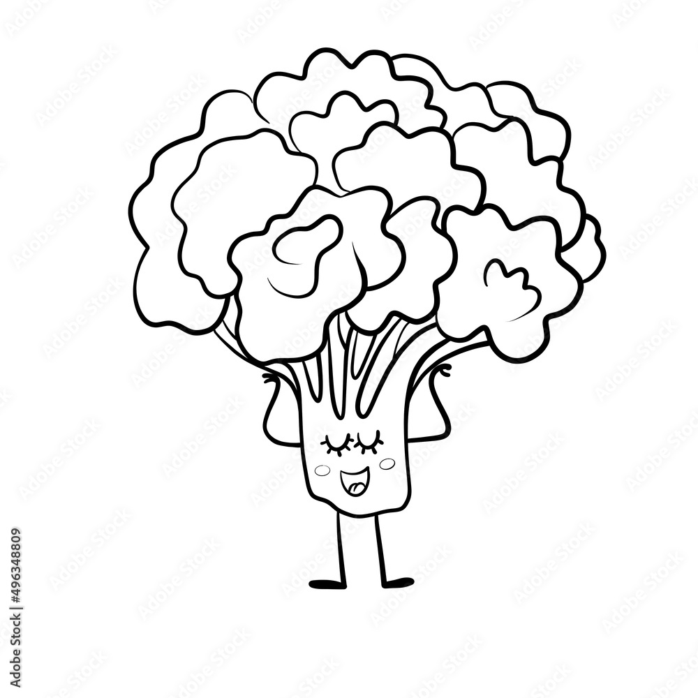 Broccoli Black Contour Emotion Sticker Isolated on White Background Broccoli Black Contour Emotion Sticker Isolated on White Background