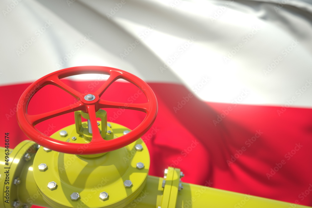 Oil or gas pipeline valve and flag of Poland. 3d rendering