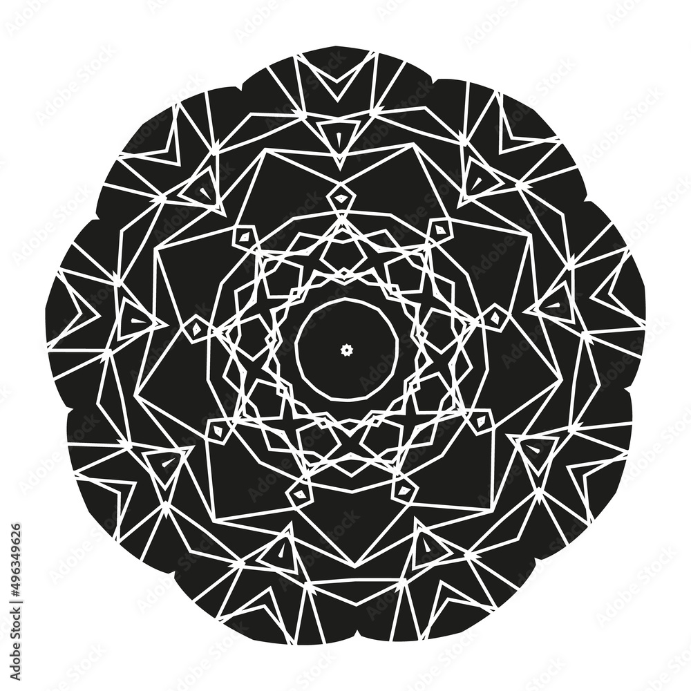 Space flower. Abstract mandala is the opposite, only black color, straight lines. Geometric pattern. Stamp. You can color the parts Space flower. Abstract mandala is the opposite, only black color, straight lines. Geometric pattern. Stamp. You can color the parts
