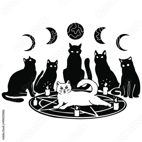 Witchy Cats in Magic Circle with Moon Phases, Black and White Vector Illustration