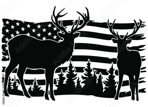 Deer on the background of the USA flag, hunting season. Vector clipart.