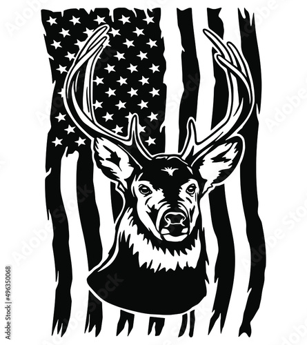 Deer on the background of the USA flag, hunting season. Vector clipart.