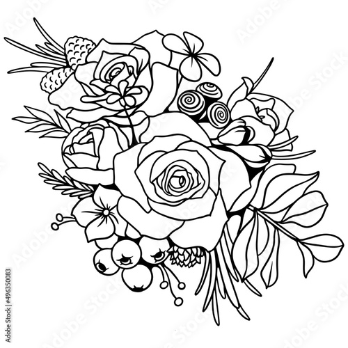 Drawing and sketch of rose flowers and wildflowers in a line drawing on a white background. A bunch of flowers wreath