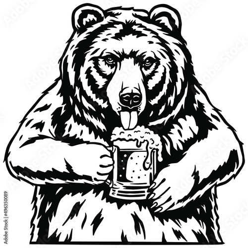 Papa bear drinking beer. Emblem with brewery bear, brewery hop and bavarian hat. Craft brewing for beer bar or pab.