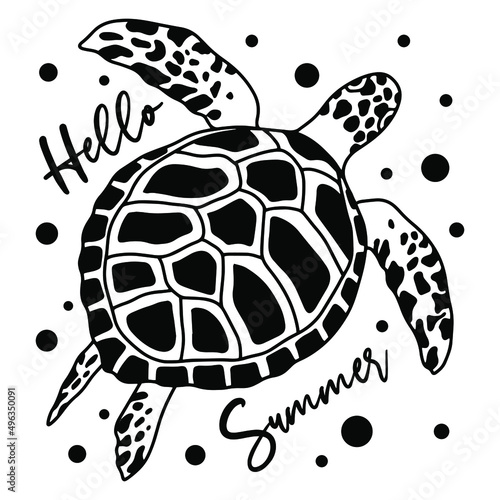 Sea swimming turtle vector illustration for print and cut vinyl. Hello summer lettering for print.