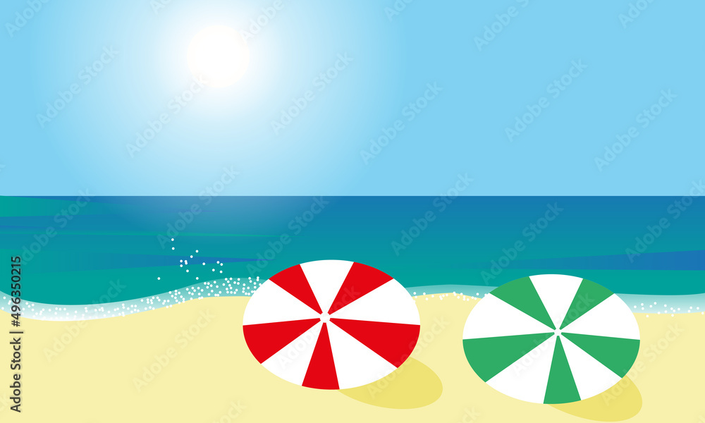 Background with sea, sandy beach, umbrellas, privacy on the beach. Rest and vacation